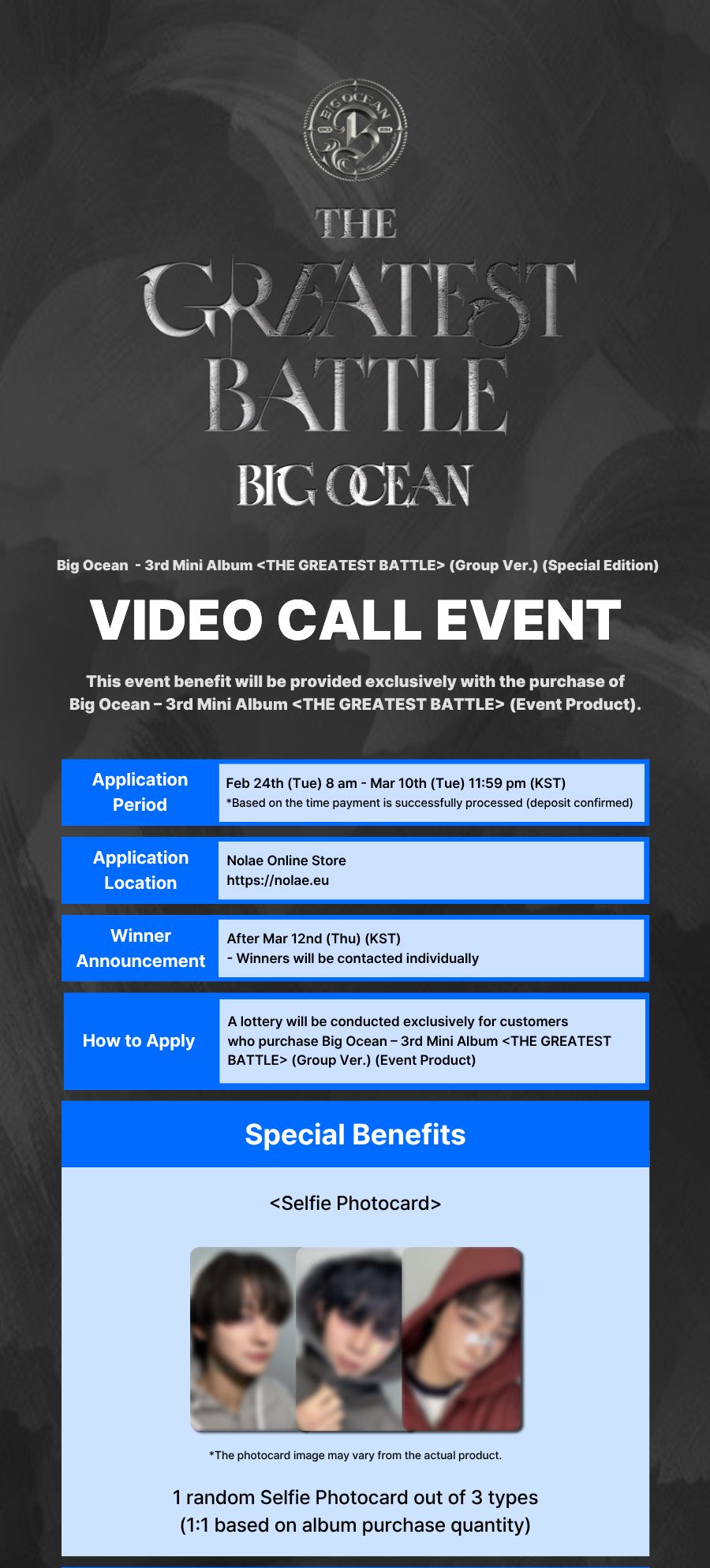 BIG OCEAN - THE GREATEST BATTLE (OFFICIAL NOLAE FANCALL) + NOLAE PHOTOCARD Nolae